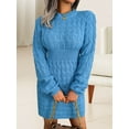thumbnail image 2 of Casual Cable Knit Sweater Dress with Tie-Waist for Female, Autumn Winter Bodycon Tight Long Sleeve Tunic Blue M, 2 of 8