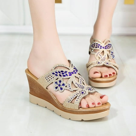 

LnjYIGJ Slippers for Women Women Ladies Crystal Wedges Thick Peep Toe Sandals Slippers Shoes Slippers