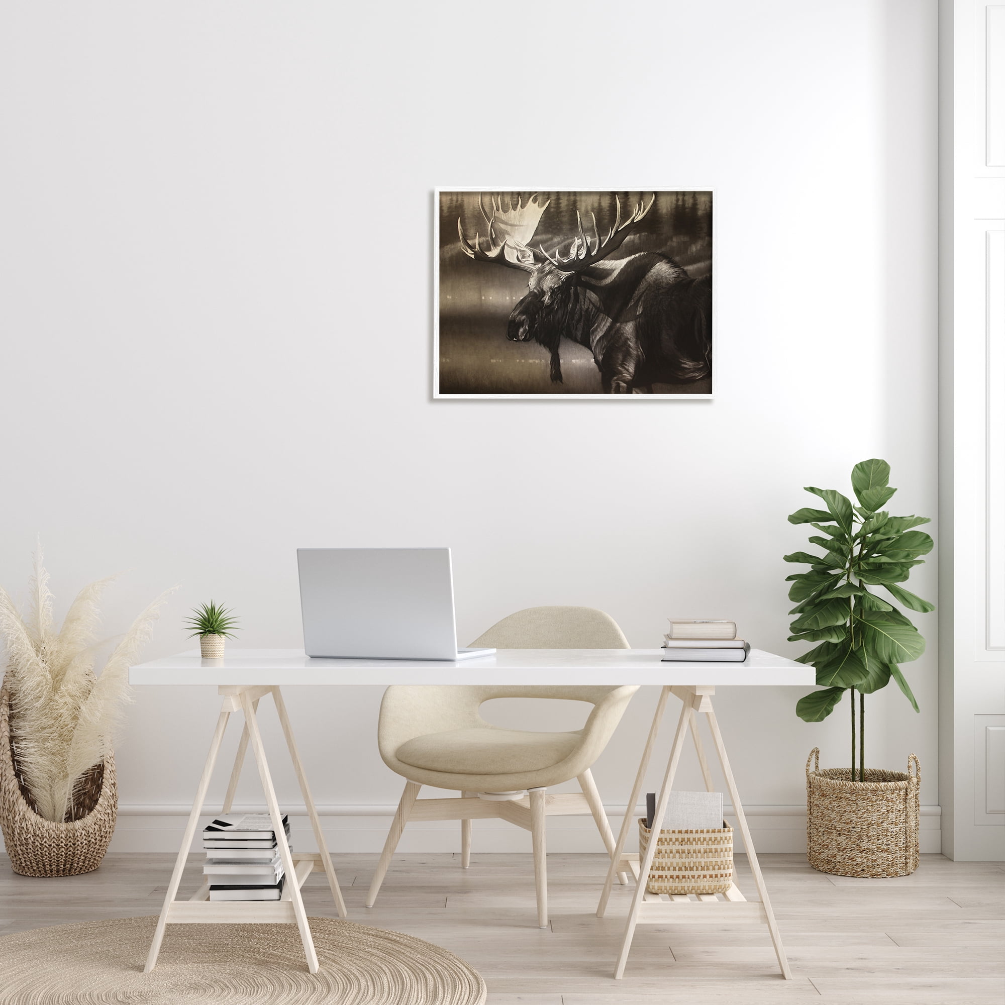 Stupell Industries Rustic Moose in Shadows Deep Forest Portrait Animals & Insects Drawing White Framed Art Print Wall Art, 24 x 30