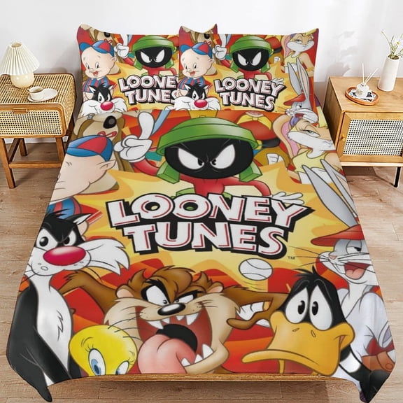 3 Piece Comfortable Bedding Set Looney Tunes Cartoons Duvet Cover Twin Bed with 2 Pillowcase 90"x90"