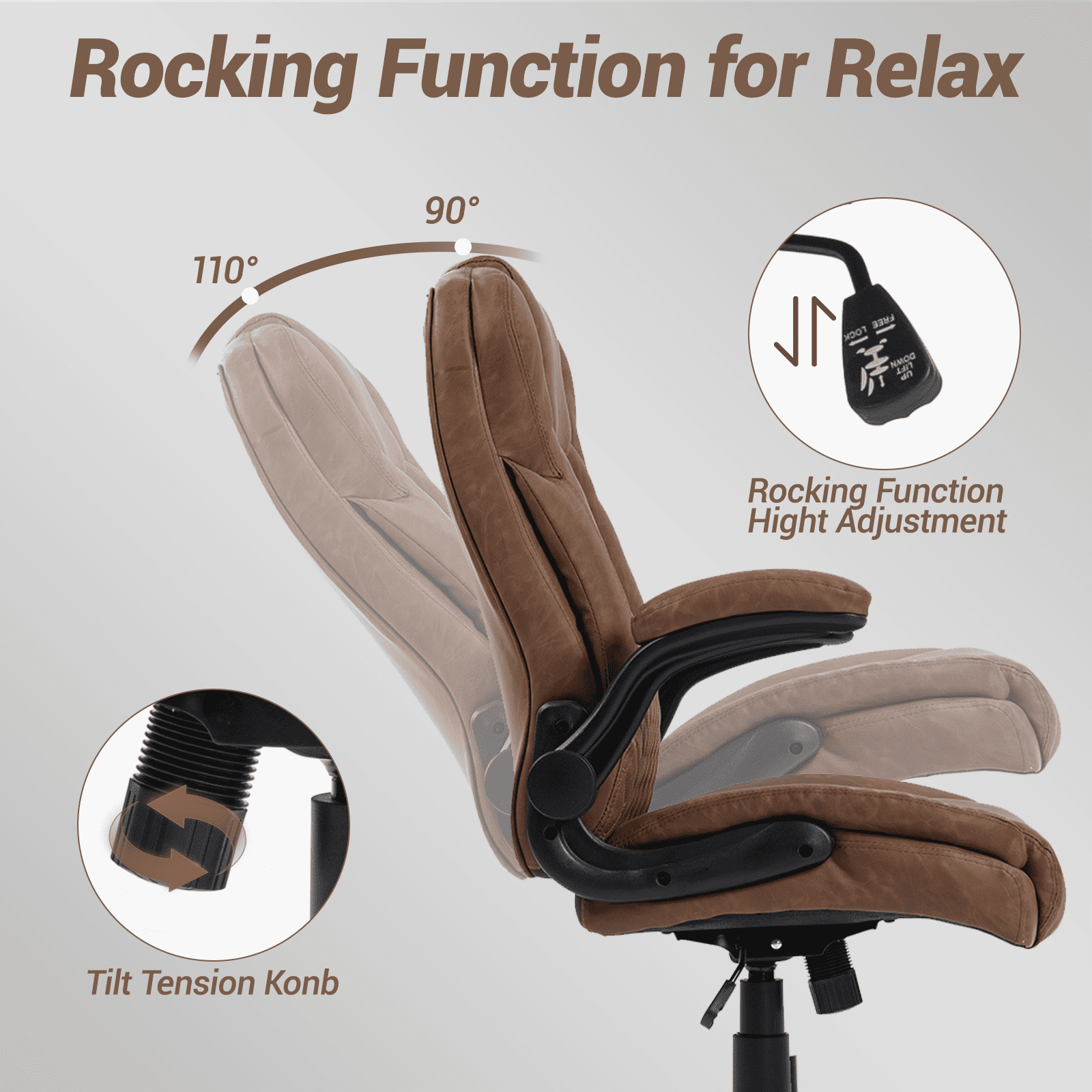 WENTUM High Back Executive Office Chair, Ergonomic Computer Desk Chair with Rocking Function, PU Leather, Flip-Up Armrests and Lumbar Support, Brown