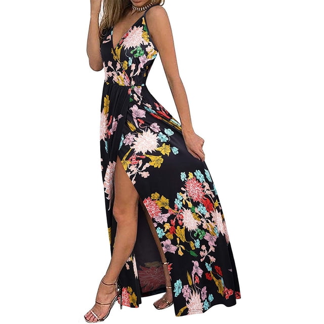 HKEJIAOI Robes Décontractées pour Femmes Robe d'Anniversaire Mode Femme Col en V Sans Manches Imprimé Floral Robe Longue Maxi Décontractée Économies Liquidation Multicolore