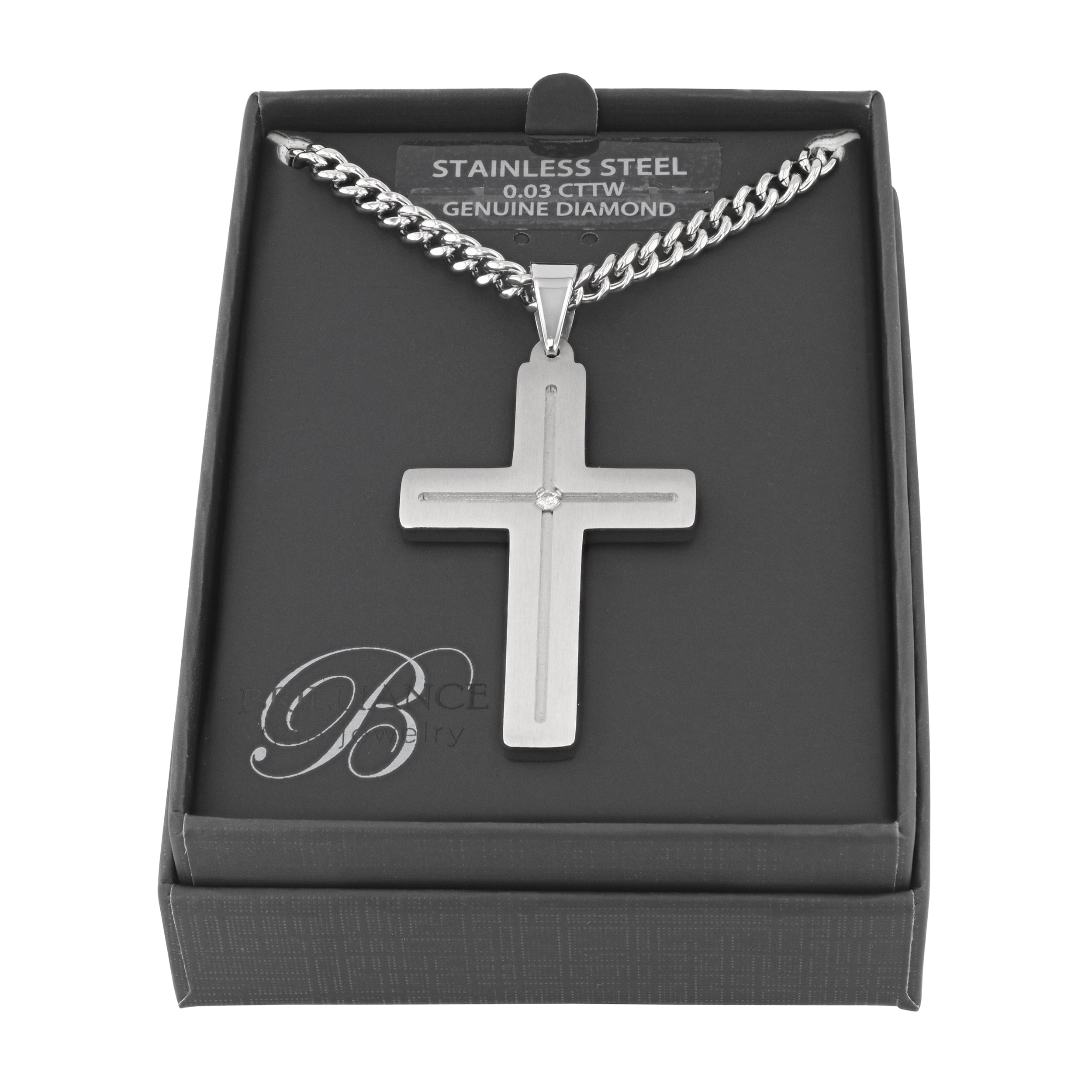 Brilliance Fine Jewelry Men's Diamond Accent Stainless Steel Cross Pendant Necklace