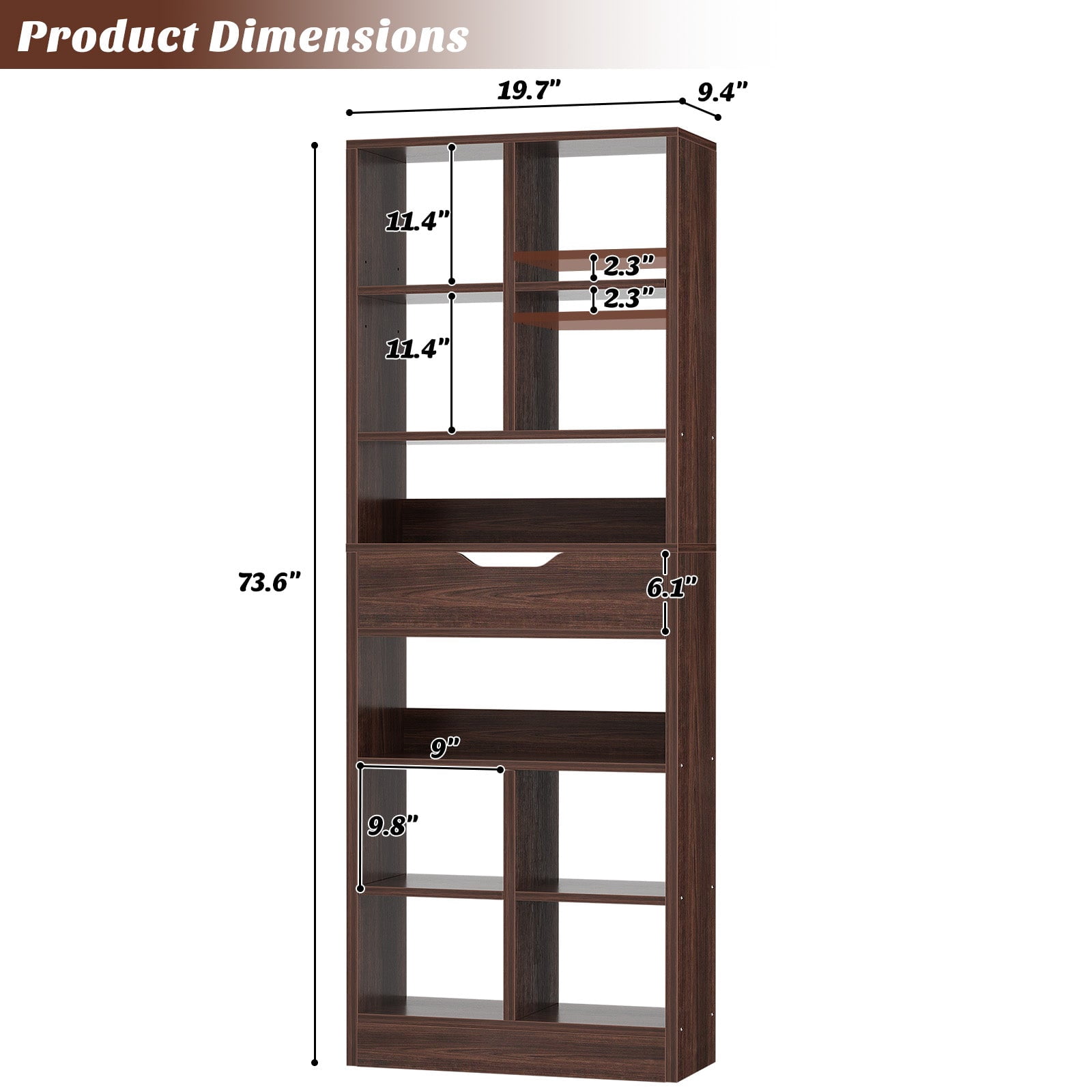 iSunirm 73.6'' Tall Cube Bookcase with Drawer, 10-Tier Bookshelves with Adjustable Shelves, 19.7 '' Width Display Shelf for Living Room, Home Office, Walnut