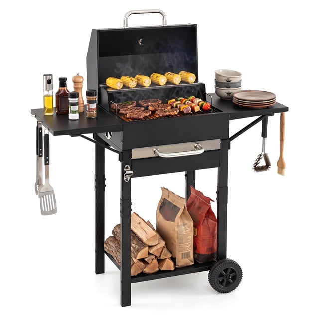 Gymax Charcoal Grill w/2 Side Tables 284 sq.in.Outdoor Smoker BBQ Grill w/Thermometer