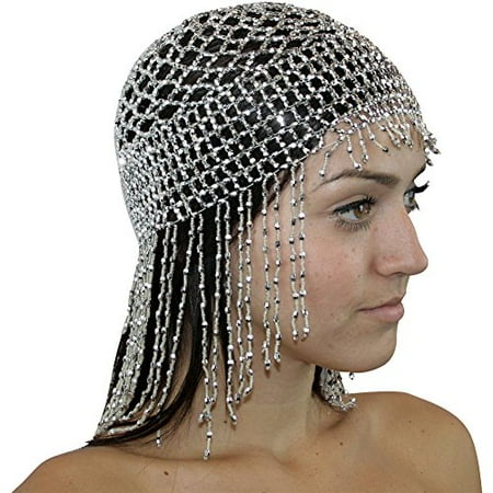 Belly Dance Dancer Dancing Veil - Silver Womens Exotic Cleopatra Beaded Belly Dance Head Cap