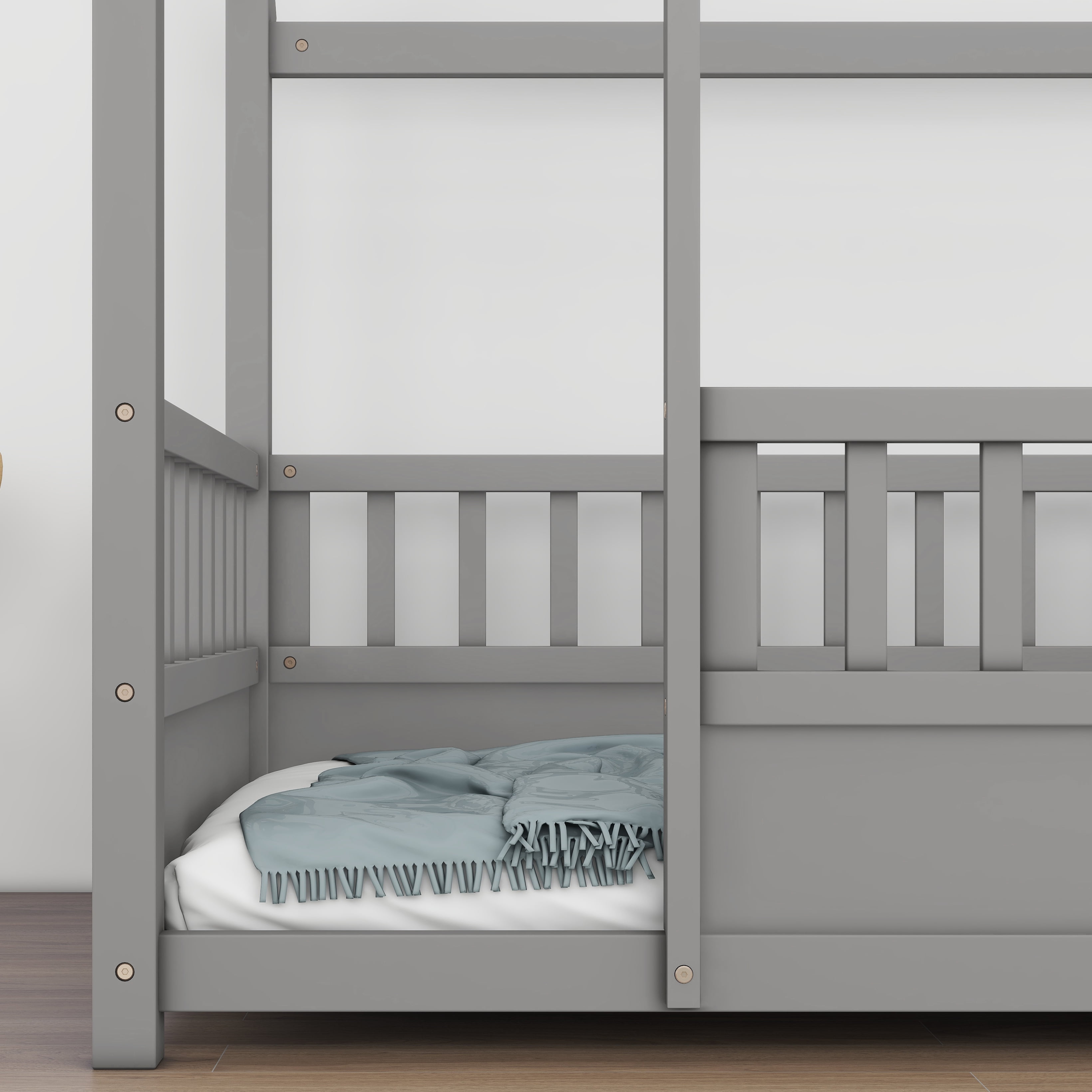 Floor Wooden Bed with House Roof Frame, Twin Size Fence Guardrail Bed for Kids, Grey Pine Wood Children's Bedroom Furniture, 20-Inch High Fence with Roof Structure
