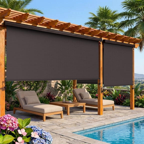 Integrated 8' W x 8' H Outdoor Roller Shade with Aluminum Valance, Assembly‑Free Crank‑Operated Blind, 420GSM Terslin Fabric 95% UV Block, Sun Shade for Porch, Gazebo, Balcony, Brown, Heynemo