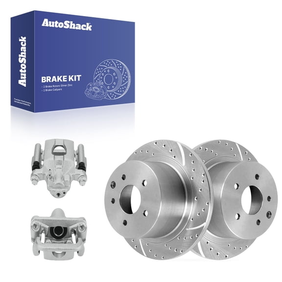 AutoShack Rear Brake Rotors & Calipers for Nissan, Sentra 2007-2019 Juke 2011-2017, AWD FWD L4 1.6L 1.8L 2.5L - Silver Zinc Coated Drilled & Slotted - SilverShield Pro - 11.48" (291.6 mm), 5-Lug