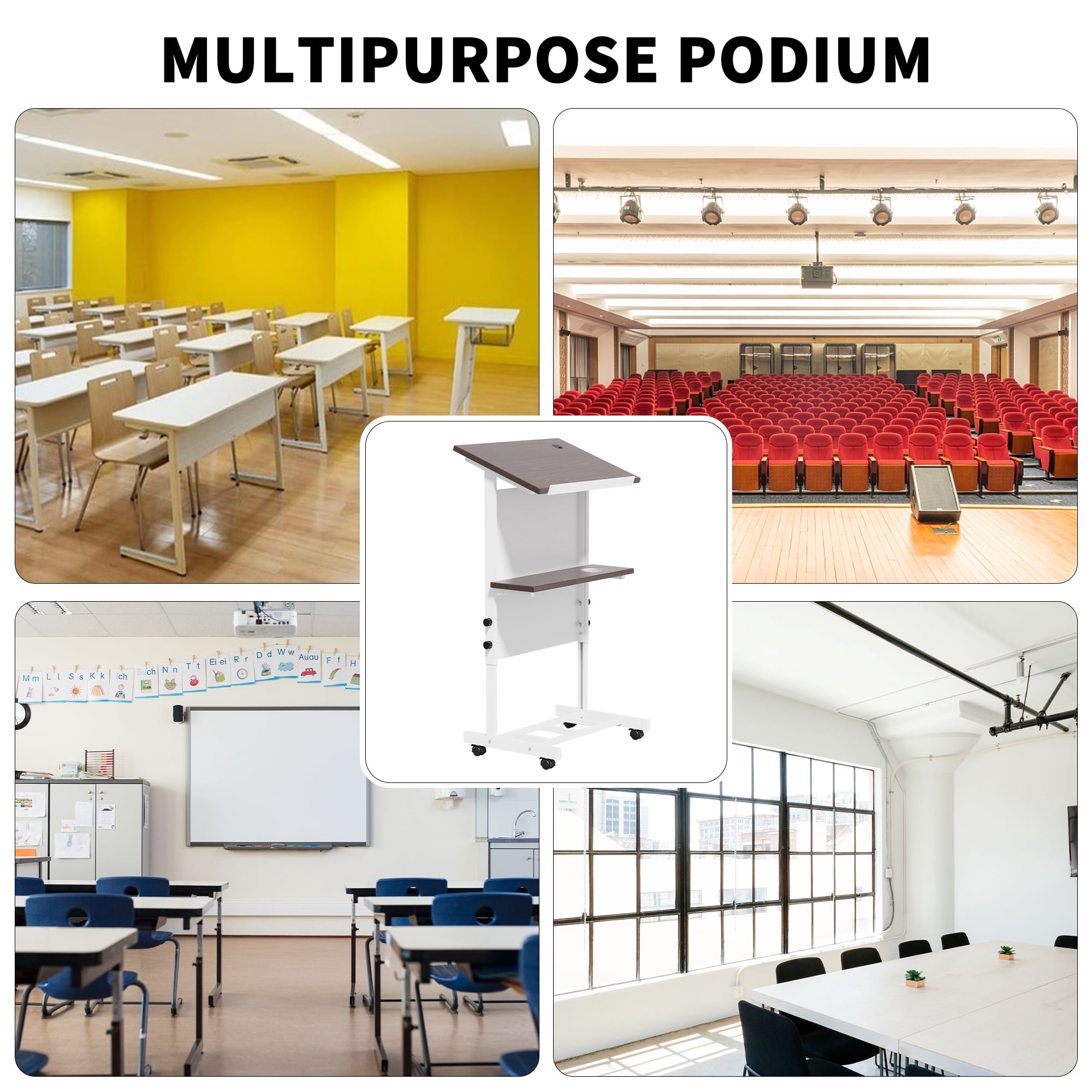 Portable Podium Stand with Wheels, Height Adjustable Lecture Podium With Shelf Cup Holder & Wire Hole, Mobile Pulpit For Churches, Meetings, Speeches, Classrooms, White