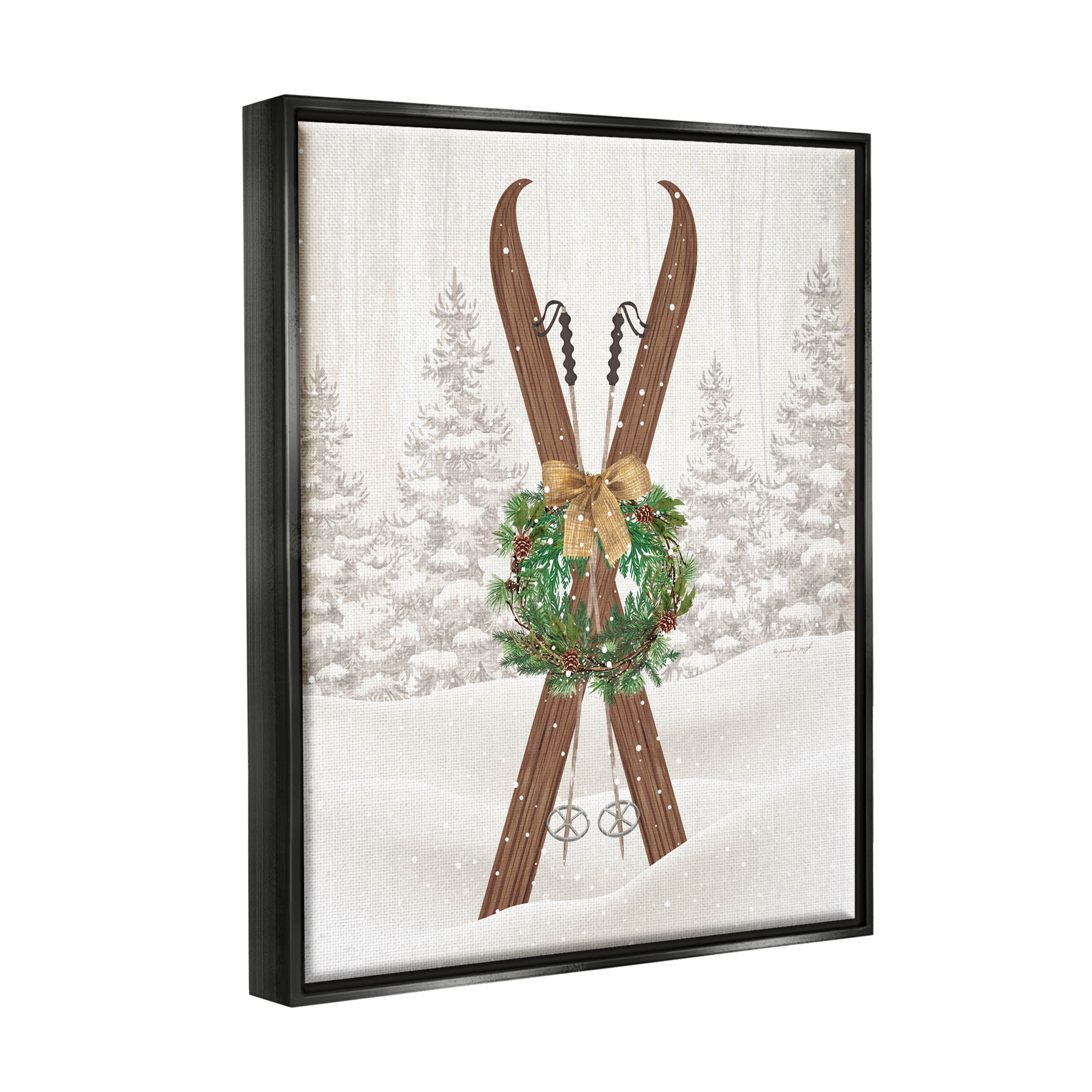 Stupell Industries Winter Skis Holiday Wreath Graphic Art Jet Black Floating Framed Canvas Print Wall Art, Design by Jennifer Pugh