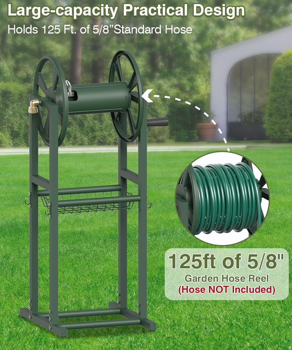 Freestanding Garden Hose Reel holds 125ft Hose of 5/8" with 4 Hooks, 4-Spike Outdoor Hose Holder with 3.9ft Leader Hose & Brass Fitting, Detachable Metal Hose Stand with Storage Rack, Green