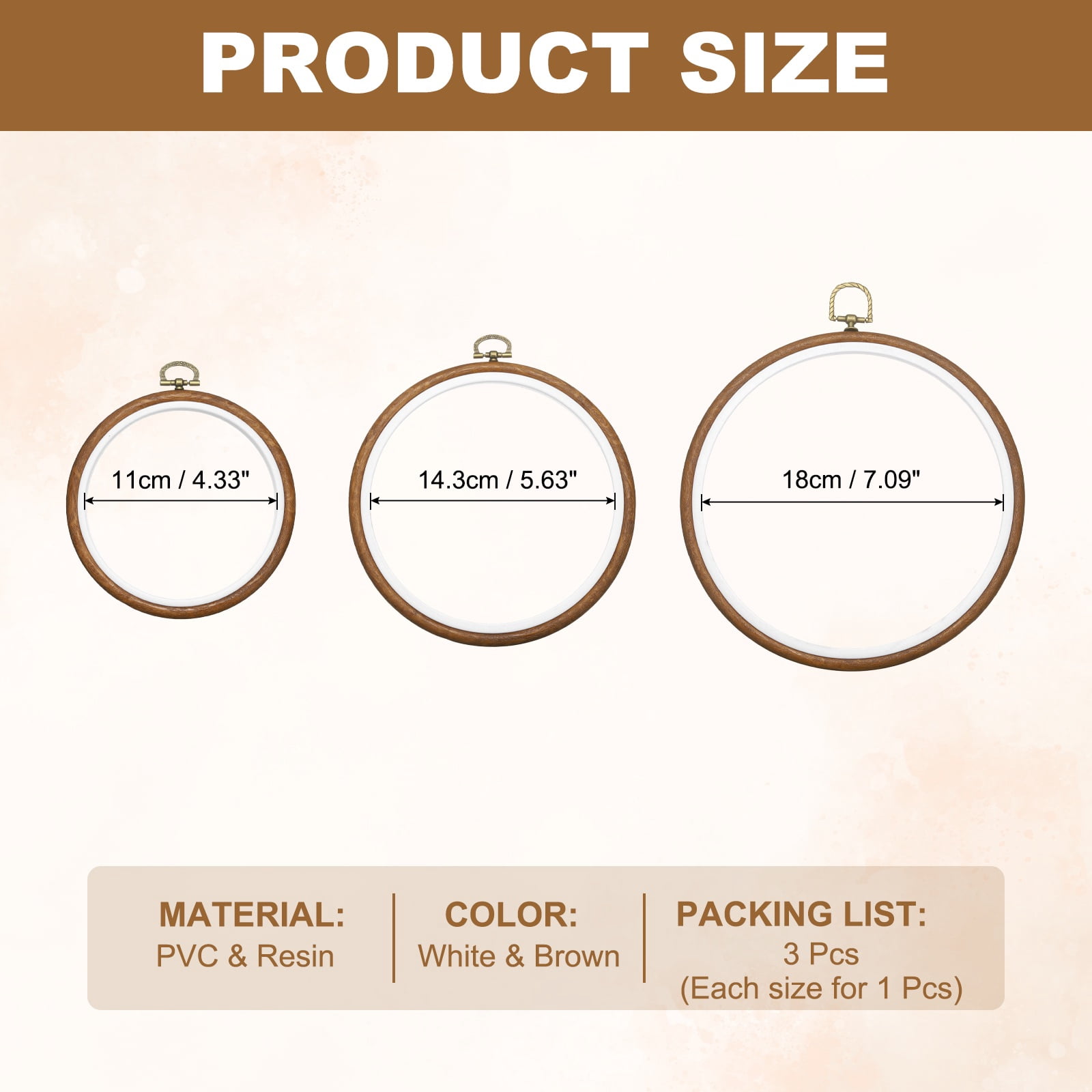 6 Pcs Embroidery Hoop Frame, Imitated Wood Round Cross Stitch Hoops with Metal Ring for Embroidery DIY Craft Sewing Wall Decor (5.12/6.69/8.27 Inch White & Brown)