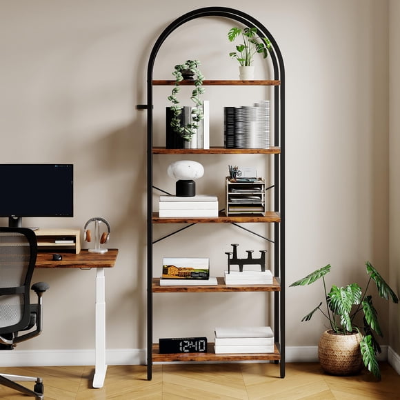 Towallmark 71" Tall Arched Bookshelf,5-Tier Industrial Open Bookcase, Modern Freestanding Display Rack, Metal and Wooden Storage Shelving Units, Black&Brown