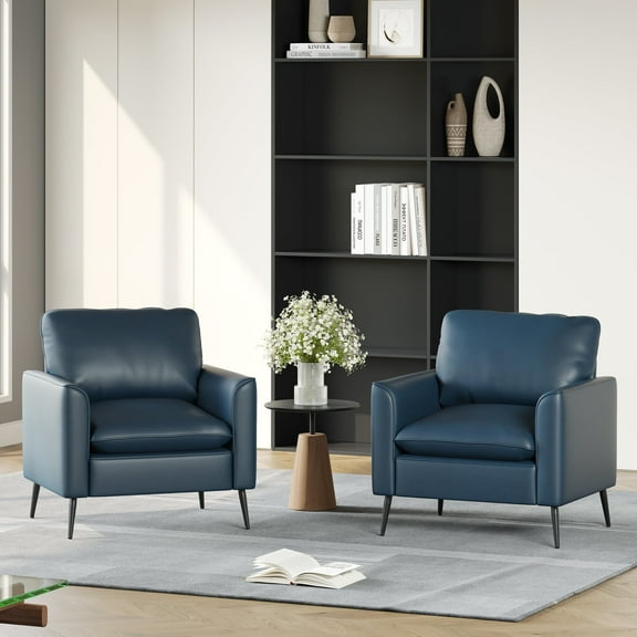 Coewske 2PCS Modern Faux Leather Accent Chair Comfy Single Sofa Chair for Living Room Bedroom Office Blue