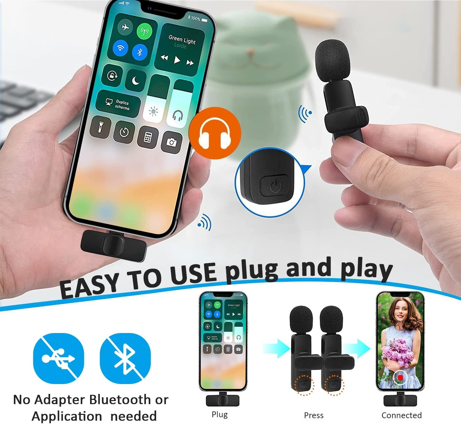 XIHAMA Professional Wireless Lavalier Lapel Microphone for iPhone, iPad - Cordless Omnidirectional Condenser Recording Mic for Interview Video Podcast Vlog YouTube