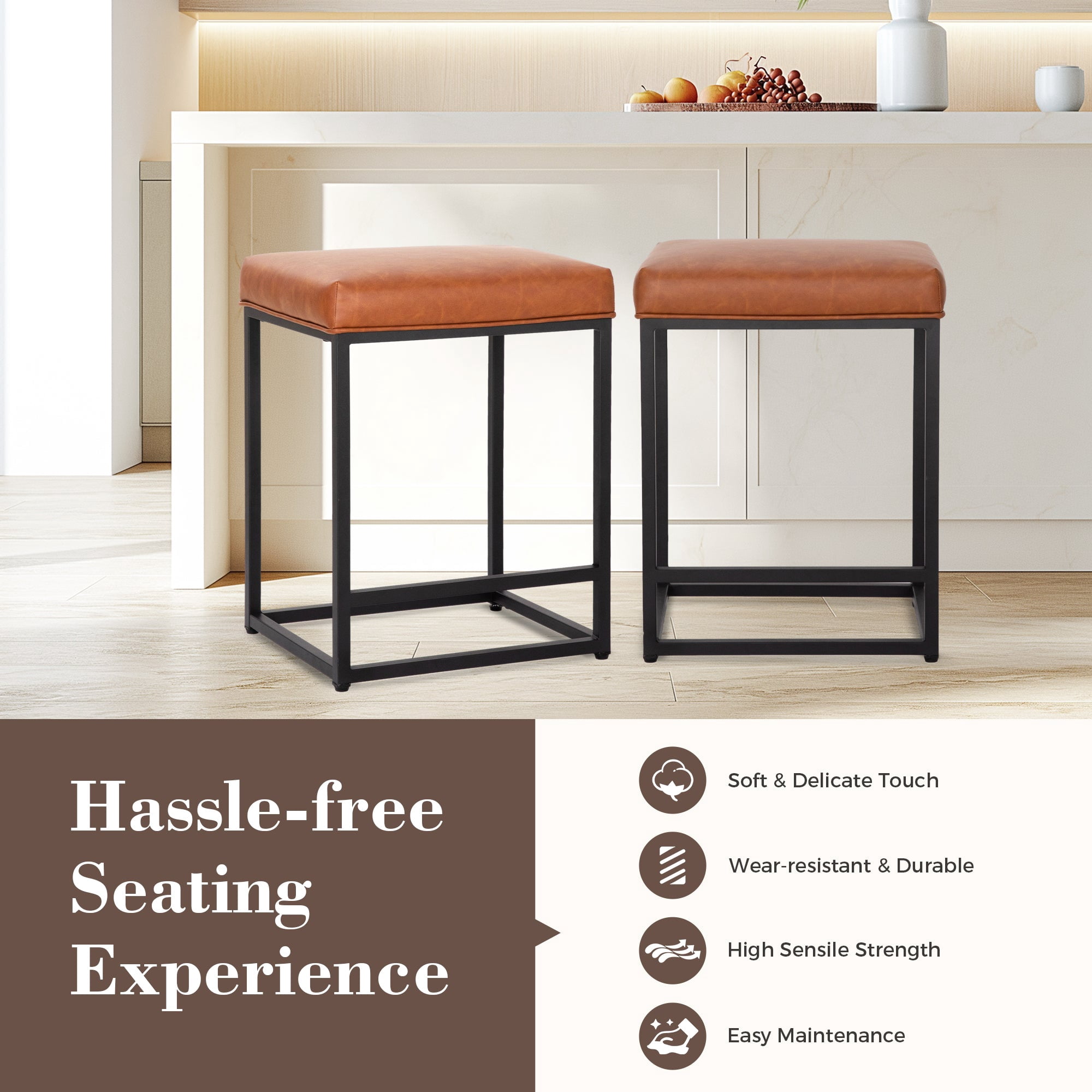 SUMMIT LIVING 24" Counter Height Bar Stool Set of 3, Upholstered Faux Leather Backless Counter Stool for Kitchen Island, Brown
