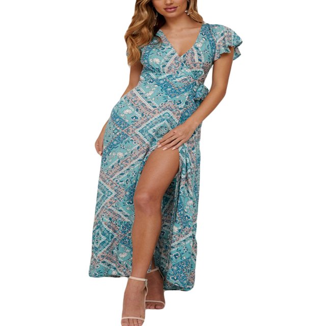 Femmes V-Cou Floral Split Robe Boho Été Plage Décontracté Longue Robe de Soleil