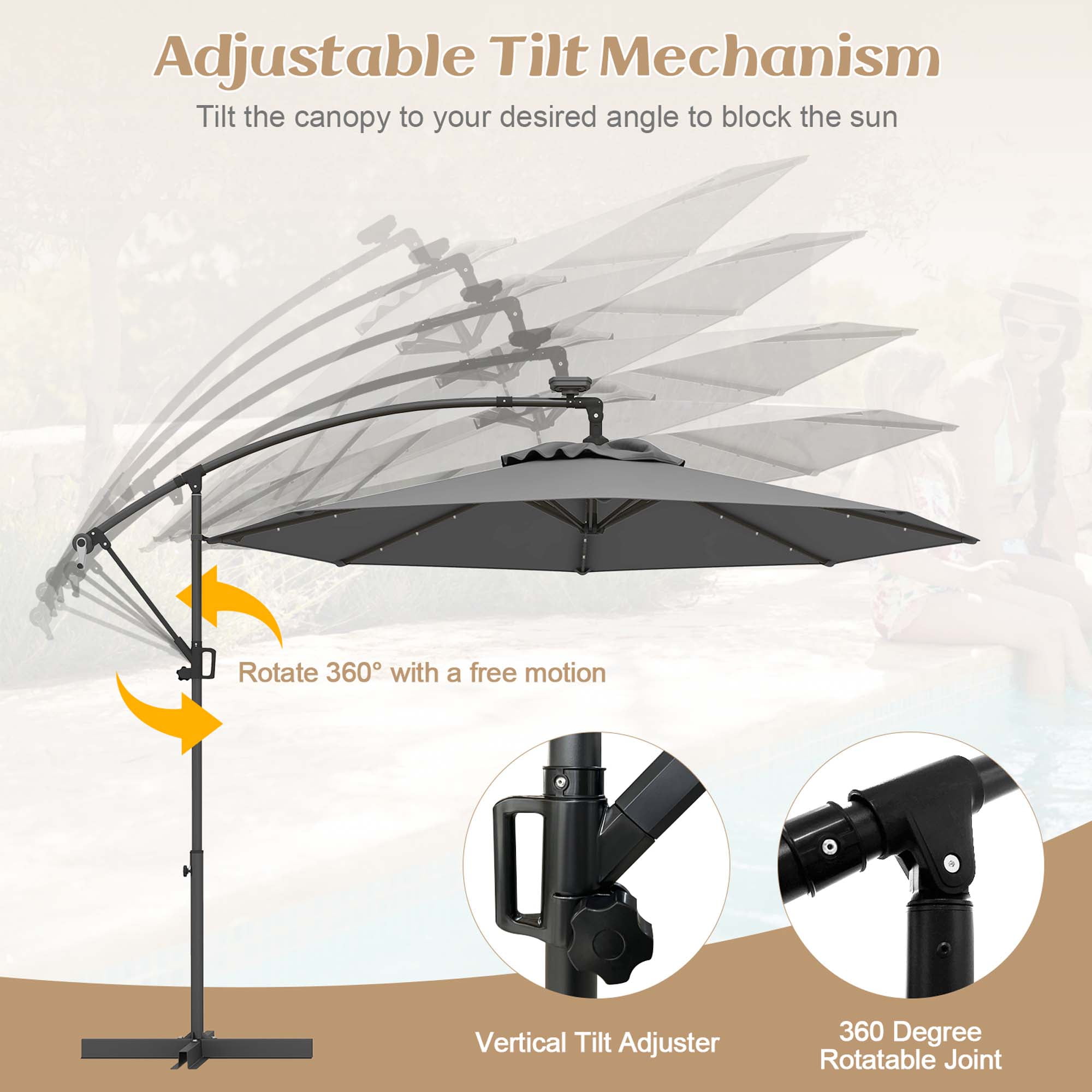 Costway 10FT Patio Offset Umbrella Sun Shade 32 Solar LED Light 360° Rotation Gray