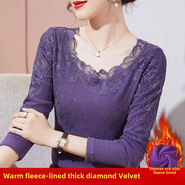Prenda exterior de manga larga con encaje para mujer, elegante capa base de hilo de red hueca, camiseta pequeña de moda para otoño/invierno