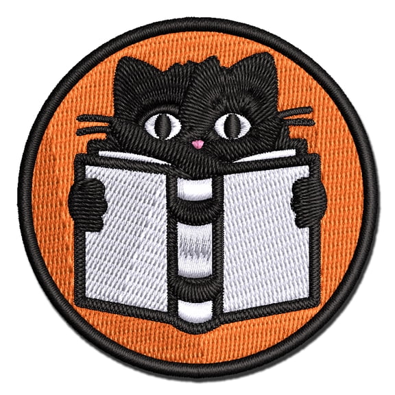 Cat Reading Book Applique Multi-Color Embroidered Iron-On Patch - 2.5 Inch Small