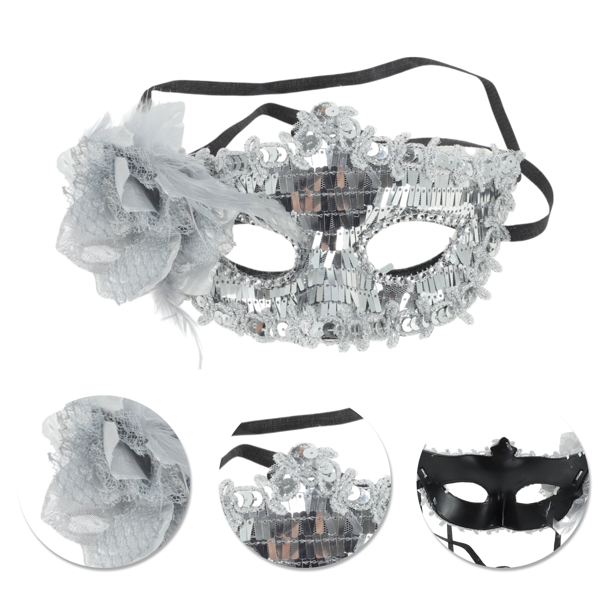 Unique Bargains 1 Box Elegant Floral Sequins Half Face Party Mask Silver Tone