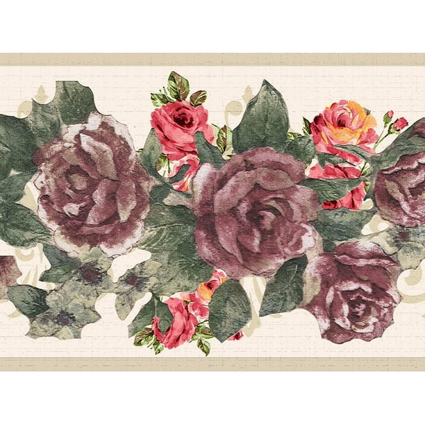 Dundee Deco's Peler et Coller Papier Peint Bordure - Floral Rouge Rose Vert  Fleurs Mur Bordure Design Rétro, 15 pi x 7 po (4,57 mx 17,78 cm),  Auto-Adhésif 