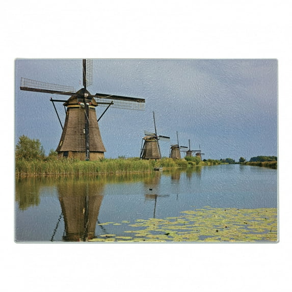Dutch Cutting Board, Landscape Image of Traditional Wooden Windmills from Kinderdijk, Decorative Tempered Glass Cutting and Serving Board, in 3 Sizes, by Ambesonne