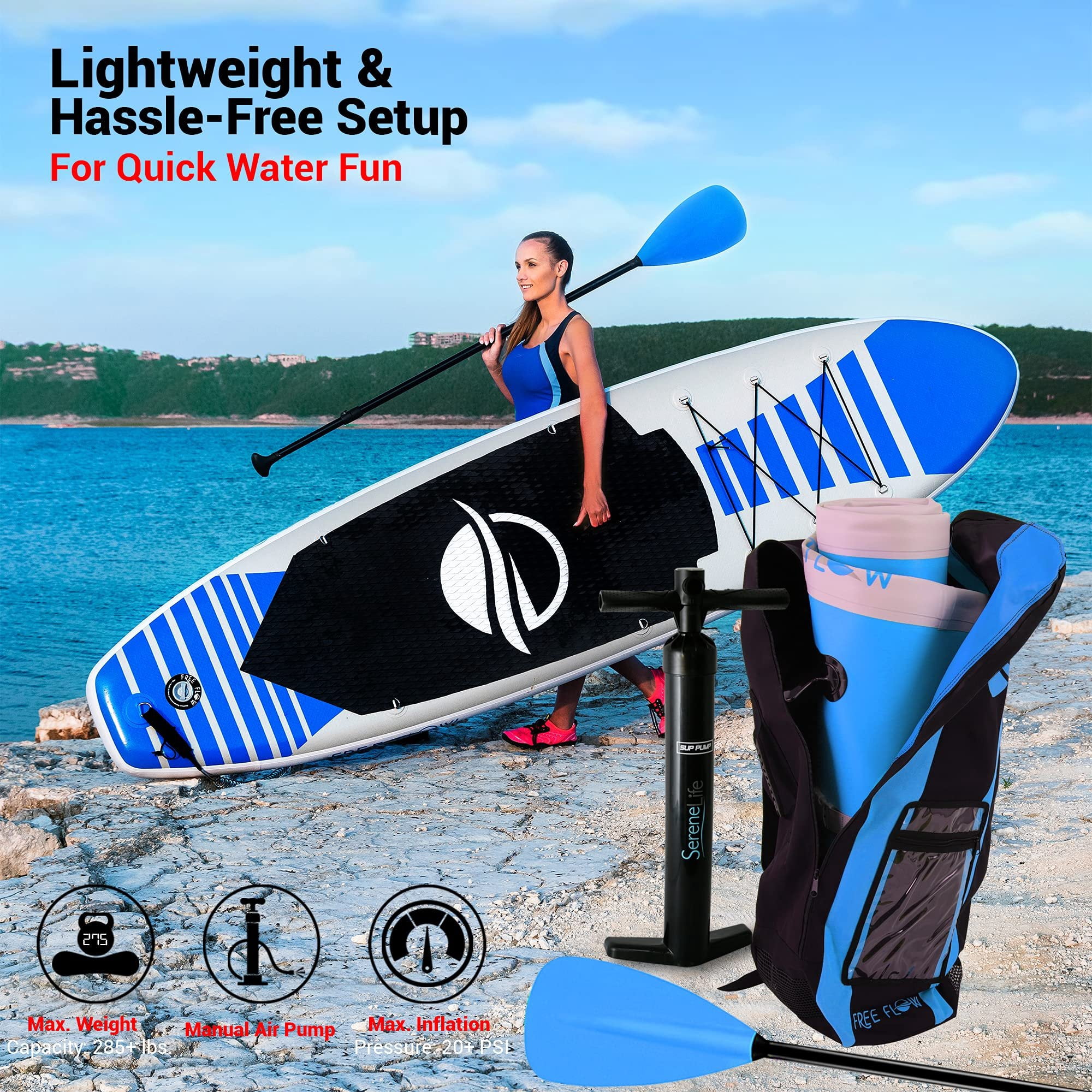 SereneLife 105 Inflatable Stand Up Paddle Board and Detachable Seat  Free Flow SUP Paddleboard Set for Adults, Non-Slip EVA Deck Pad, Marine-Grade Build, 30" Wide Design, 285+ lbs. Capacity
