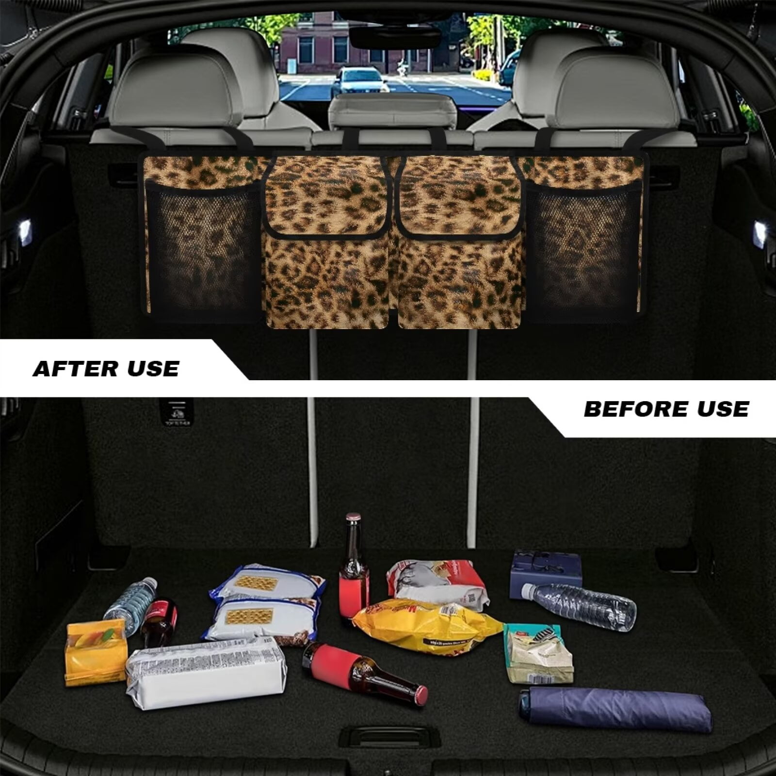 KUIFORTI Car Trunk Organizer Brown Leopard Print Car Storage Organizer Stylish Back of Car Seat Organizer, Breathable Car Trunk Organizer for Sedan, SUV, Trucks, Van