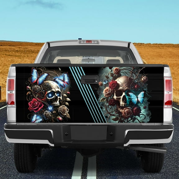 Lotusprinthandmade Floral Skull Halloween Lovers Tailgate Wrap 2 Sizes (24"x58"), Unique Graphic Tailgate Wrap for Lovers
