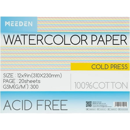 MEEDEN Watercolor Paper Block, 100% Cotton Watercolor Paper Pad of 20 Sheets, 140lb/300gms, Acid-Free Art Paper for Watercolor, Gouache, Ink and More, 9" x 12" Cold Press