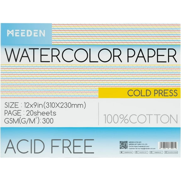 MEEDEN Watercolor Paper Block, 100% Cotton Watercolor Paper Pad of 20 Sheets, 140lb/300gms, Acid-Free Art Paper for Watercolor, Gouache, Ink and More, 9" x 12" Cold Press
