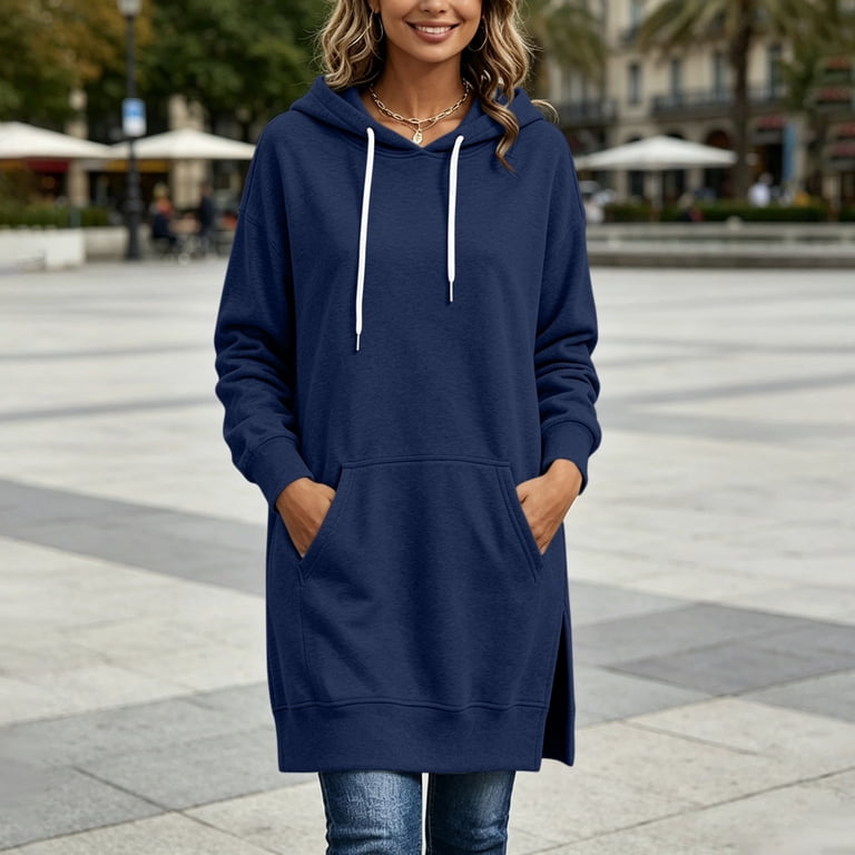hooded casual dresses Hooded Sweatshirt Dress for Women Casual Loose Long Sleeve Lace Up Dress Lightweight Solid Color Tunic Hoodie Dresses with Kangaroo Pocket