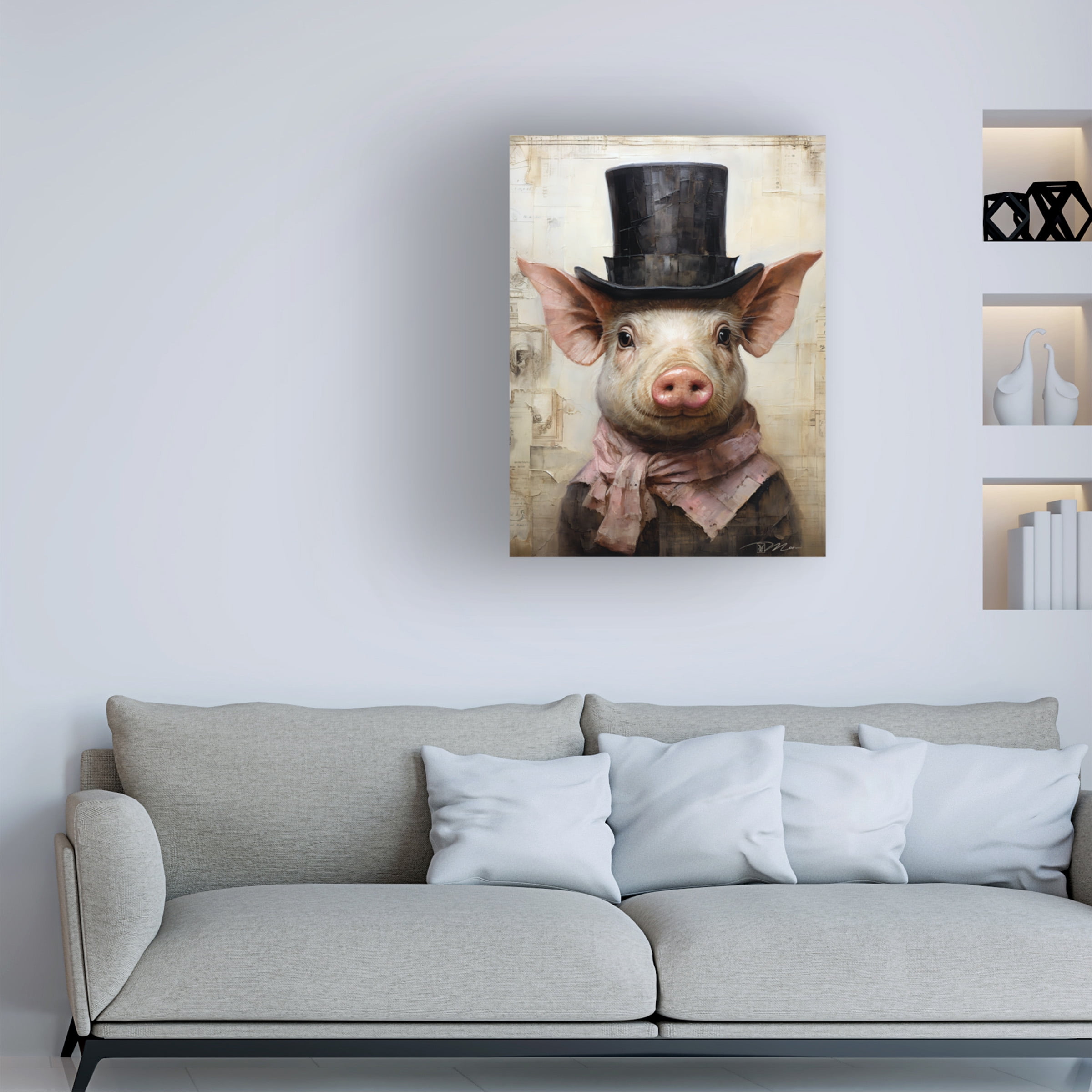 Canvas Wall Art - Momart 'Cute Pig With A Red Hat Baroque Style 1' Wall Art for Living Room, Bedroom, or Office Décor by Trademark Fine Art - 35 x 47 Inches