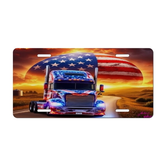 American Flag Truck at Sunset Car Decorative Front License Plate,Vanity Tag,Metal Car Plate,Aluminum Novelty License Plate for Men/Women Car,6 X 12 Inch