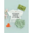 thumbnail image 2 of Genuiskids Newborn Baby Girls Sweet Style Outfit Letter Printing Round Collar Short Sleeve Tassels Hem Tops Avocado Shorts with Headwear Summer Outfits, 2 of 9
