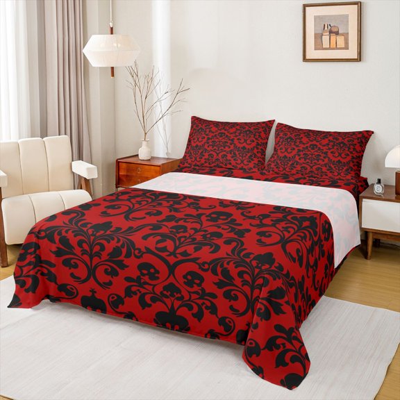 Homewish Vintage Damask Skull Bed Sheets for Kids, Crimson Black Gothic Baroque Spooky Full Size Sheets, 4-Piece, 1 Flat Sheet, 1 Fitted Sheet and 2 Pillowcases