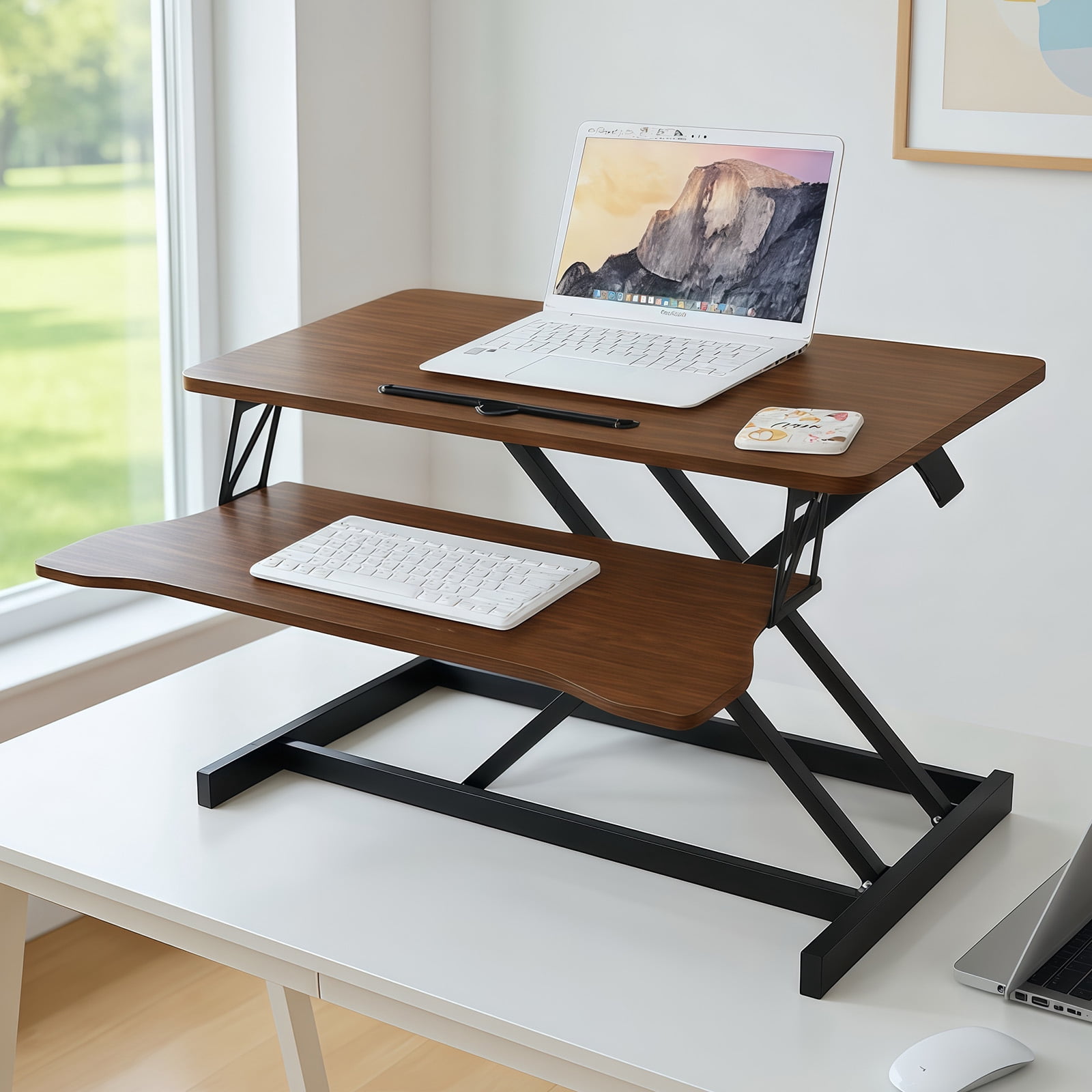 Standing Desk Converter, 32 Inch Standing Desk Adjustable Height for Table Tops and Home Office, Desk Riser Computer Workstation with Wide Keyboard Tray 2-Tier Desktop, Walnut Color