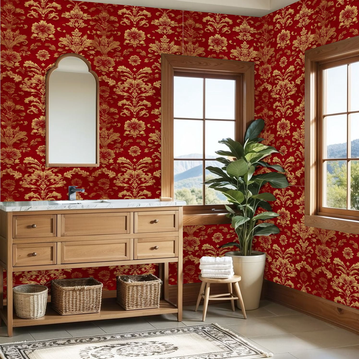 Vintage Peel and Stick Wallpaper Golden Floral Damask Red baroque vintage Wall Mural 23.6in x 9.8ft Self Adhesive Removable Wall Paper Renter Friendly Wallpaper for Bedroom Livingroom Office