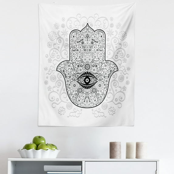 Hamsa Tapestry, Divine Protection Luck on Gentle Floral Spring Backdrop Monochrome Style, Fabric Wall Hanging Decor for Bedroom Living Room Dorm, 5 Sizes, White Black and Grey, by Ambesonne