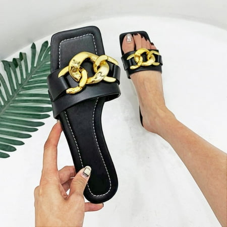 

EQWLJWE Sandals Women Summer Soft Flat-bottomed Flip Flops Metal Buckle Retro Square Head Beach Shoes Deals Clearance