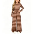 thumbnail image 3 of UKHCCC Girls 2 Piece Outfit, Striped Long Sleeve Crop Top and Wide Leg Pants Set with Drawstring Waist, Fall Winter Clothes Ages 7-15, 3 of 9