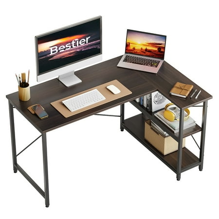 Bestier 47 inch Corner L-Shaped Desk with Storage Shelves Home Office Desk in Brown