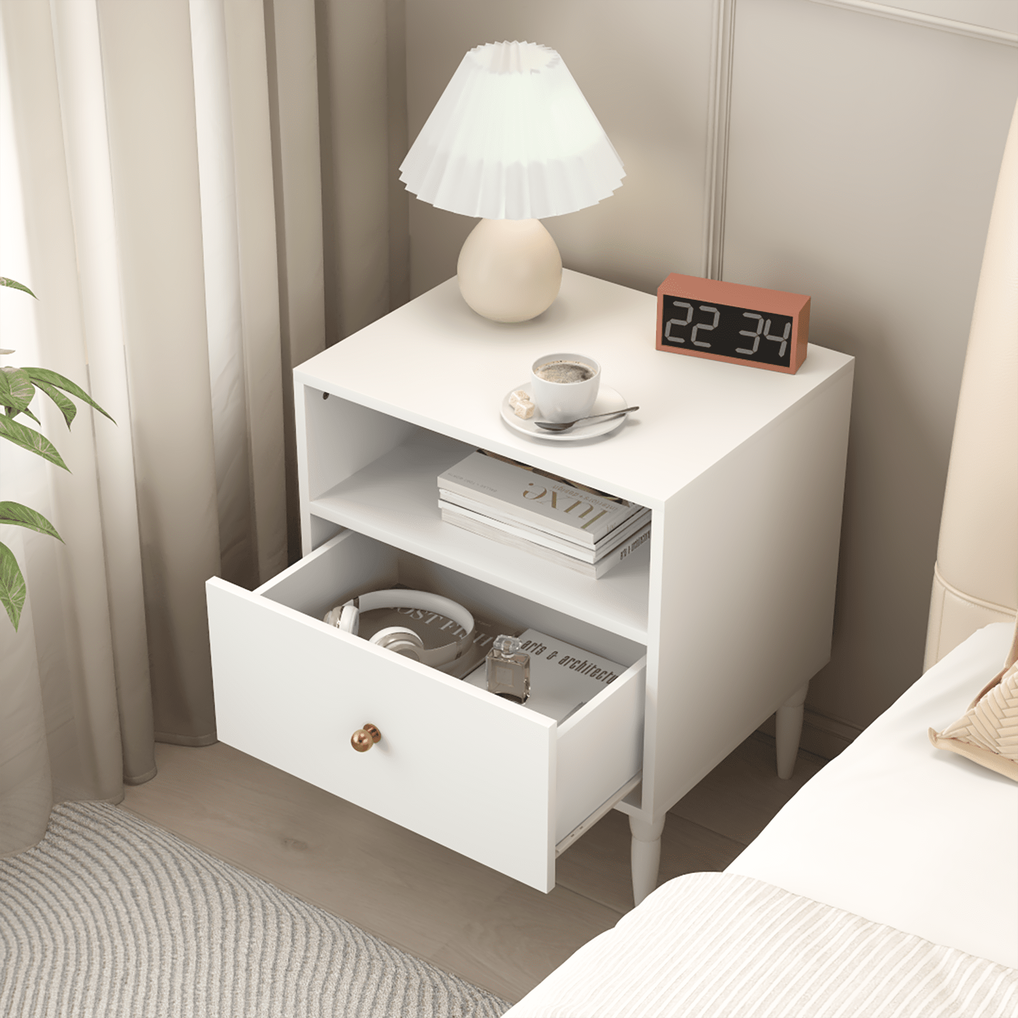 White Nightstand with Drawer and Open Shelf, MDF Bedside Table with Gold Knob, 19.69 in x 15.75 in x 23.62 in