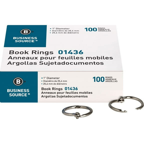 Business Source Standard Book Rings - 1" Diameter - Silver - Nickel Plated - 100 / Box | Bundle of 2 Boxes