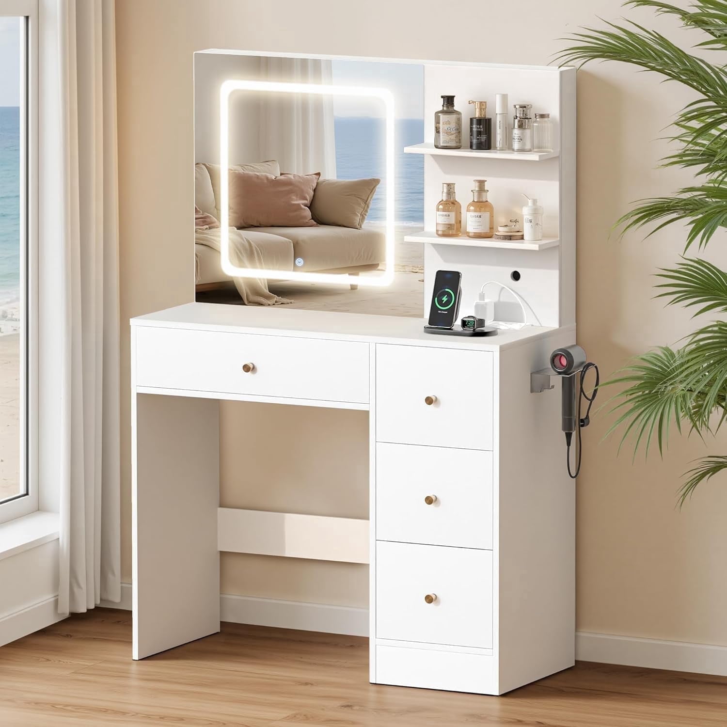 Makeup Vanity Desk with Mirror amd LED Lights, White Vanity Table with Charging Station, 3 Open Storage Shelves & 4 Drawers, Dressing Table with 3 Color Modes & Adjustable Brightness for Bedroom