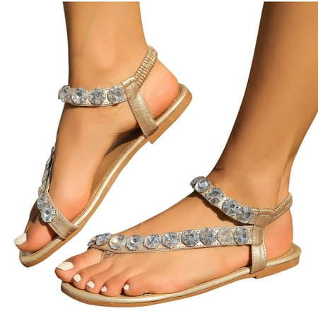 

AOOCHASLIY Independence Day Shoes Water Diamond Flat Sandals Summer Beach Sandals Fashion Versatile Sparkling Style