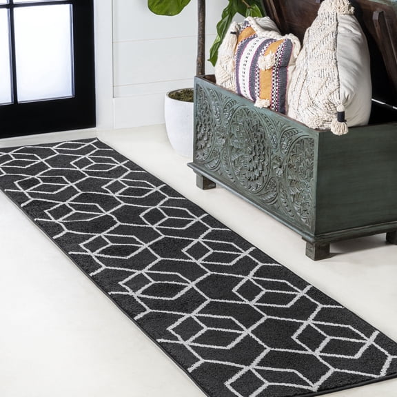 JONATHAN Y SUPERSOFT 2 x 8 Runner Rug, Tumbling Blocks Modern Geometric - Black/White, SEU101A-28