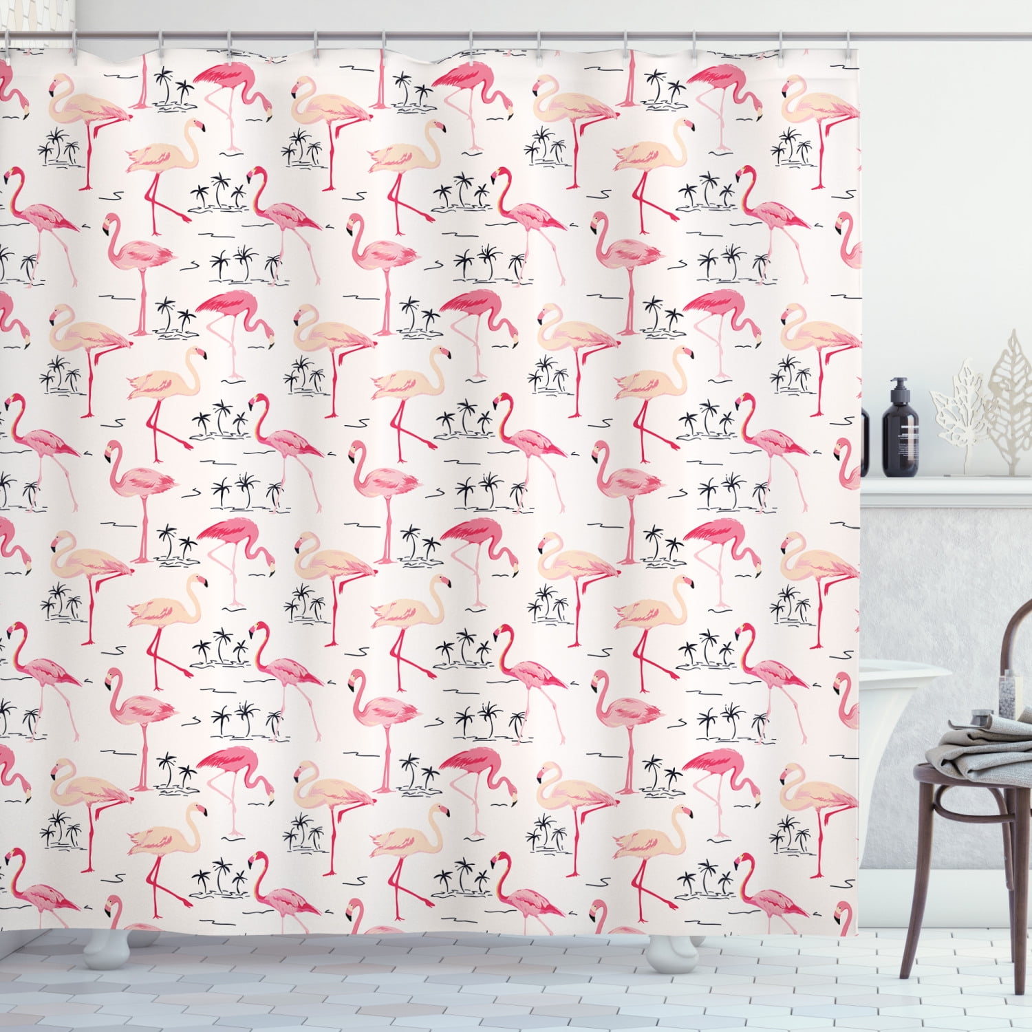 Flamingo Shower Curtain, Flamingos in Vintage Style Illustration Love